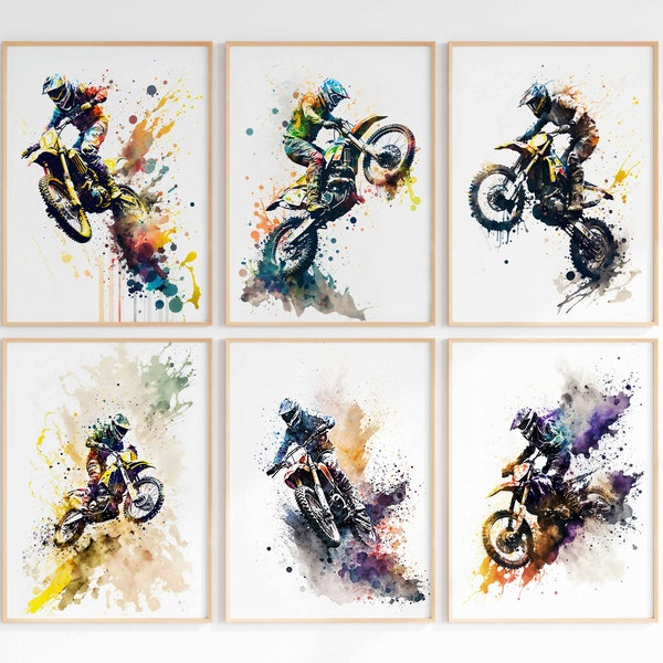 Motocross affiche lot de 6 moto impression aquarelle Extreme Sport Art Print Motorsport photo imprimable garçons chambre Decor téléchargement numérique