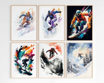 Snowboard Print Wall Art Set of 6 Winter Sport Printable Downhill Snowboarding Print Digital Download Skiing Poster Mountain Outdoor Sports