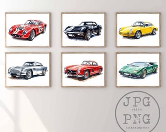 Classic Car Prints Vintage Car Sports Car Printable Artwork 6 Retro Car Bundle Wall Art Little Boy Room Decor Vehicle  Poster PNG Clipart