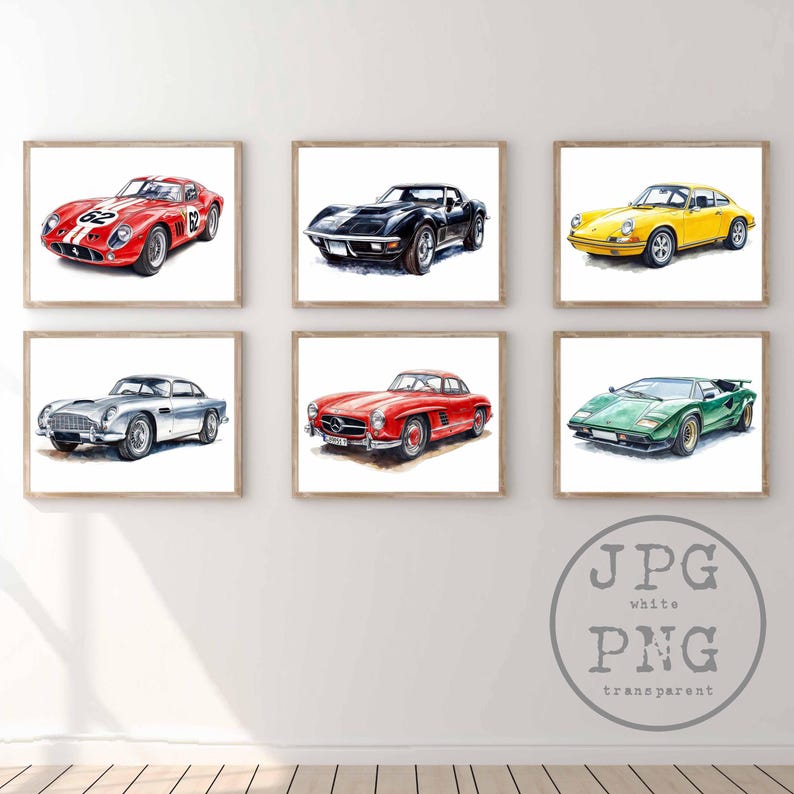 Cars Collection Print Classic Car Prints Vintage Car Sports Car Printable Artwork 6 Retro Car ...
