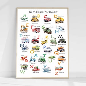 Car and Truck Alphabet Print Educational Poster ABC Wall Art Vehicle Printable Transportation Nursery Decor Boy Digital Download Watercolor