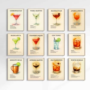Juego de 12 pósteres de cócteles, impresiones artísticas de cócteles, cócteles clásicos, cócteles retro minimalistas, decoración de pared para carrito de bar imprimible, bebidas