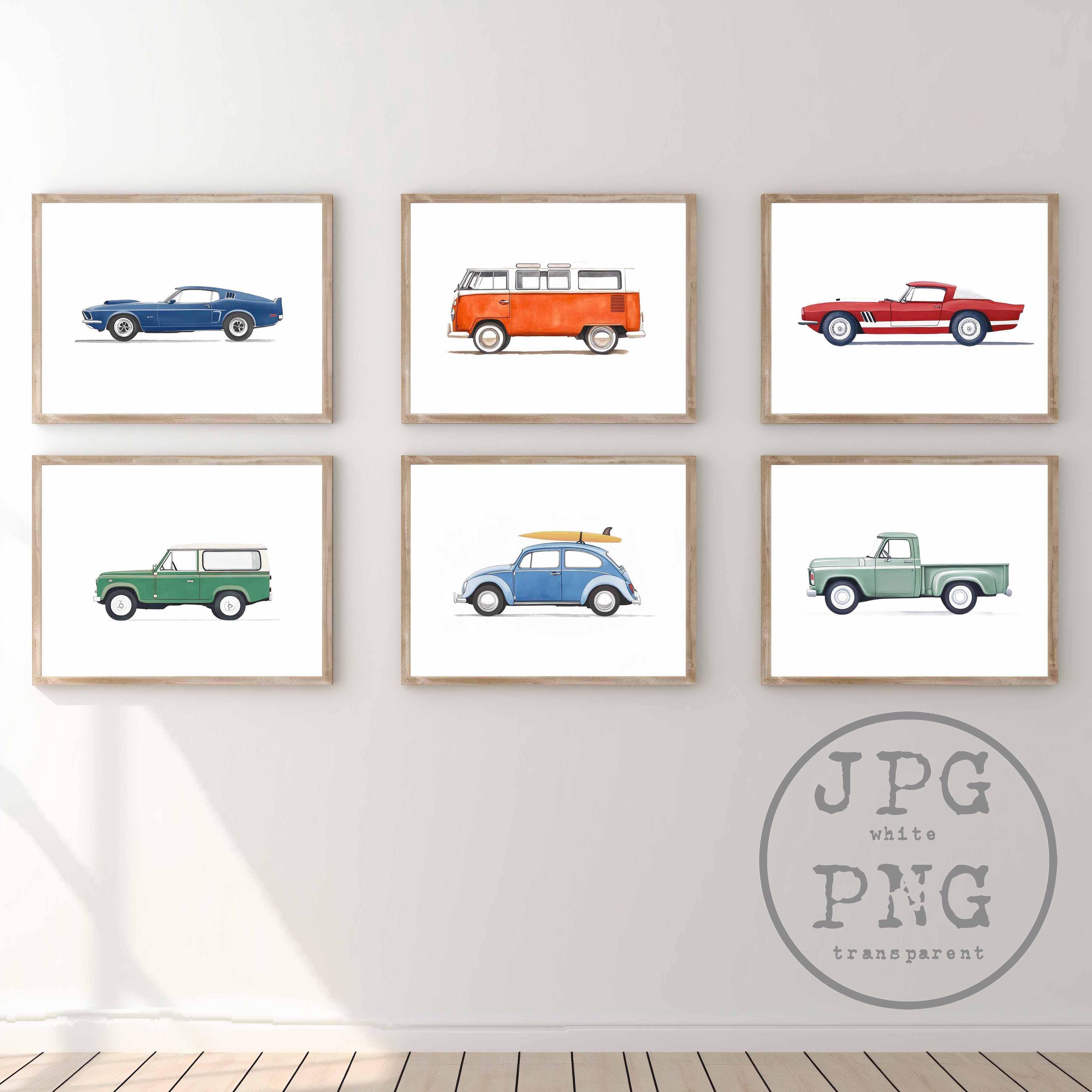 Set of 6 Classic Car Prints Watercolor Boys Room Decor Vintage Vehicle Wall Art Printable Kids Room Art Retro Car Nursery Digital Download