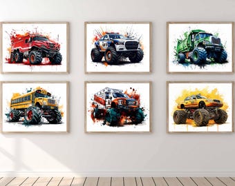 Juego de 6 pósteres de Monster Truck, impresiones artísticas de Monster Truck, decoración de habitación de niños, arte de pared, descarga digital, impresiones de vehículos imprimibles