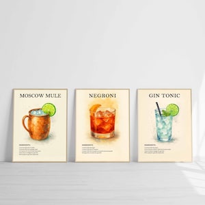 Gin Tonic Cocktail Print Moscow Mule Negroni Cocktail Wall Art Minimalist Classic Cocktail Drink Prints Cocktail Art Bar Cart Alcohol Print