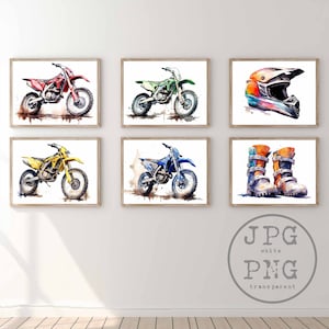 Motocross Bikes Set of 6 Watercolor Dirt Bike Printable Motorsports Poster Motorcycle Print Digital Painting Motorbike Wall Art PNG Clipart