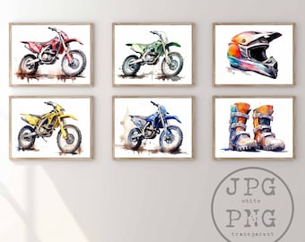 Motocross Bikes Set of 6 Watercolor Dirt Bike Printable Motorsports Poster Motorcycle Print Digital Painting Motorbike Wall Art PNG Clipart