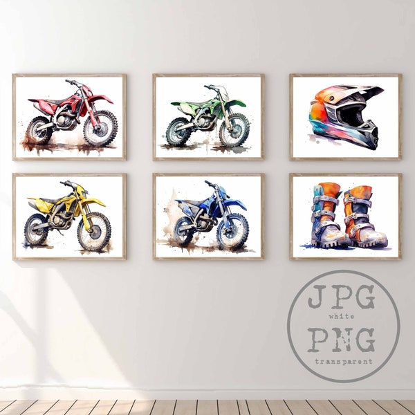Motocross Bikes Set of 6 Watercolor Dirt Bike Printable Motorsports Poster Motorcycle Print Digital Painting Motorbike Wall Art PNG Clipart
