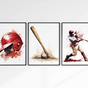 May include: Three watercolor paintings of baseball equipment. The first painting shows a red baseball helmet with white accents. The second painting shows a wooden baseball bat with a white baseball. The third painting shows a baseball player in a red and white uniform swinging a bat.
