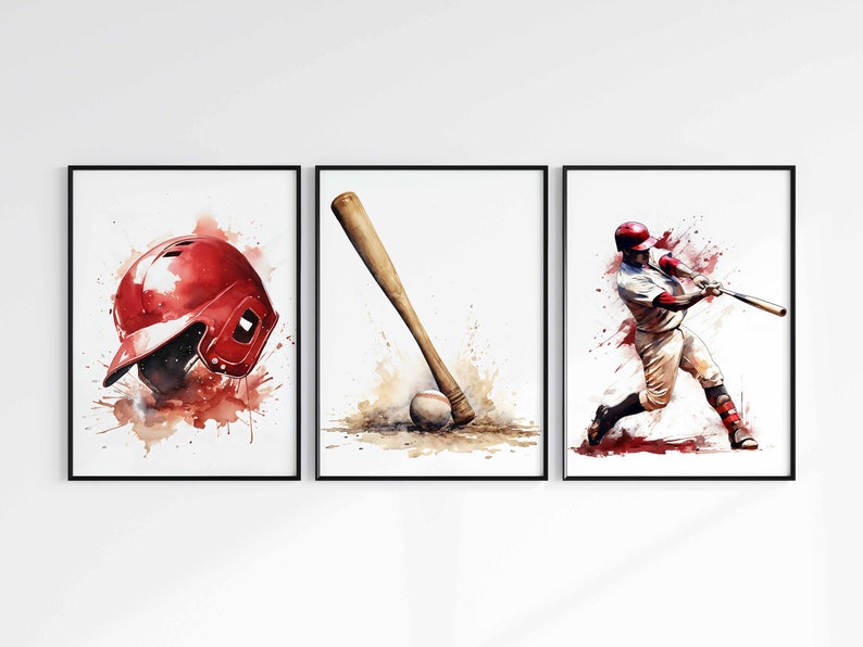 May include: Three watercolor paintings of baseball equipment. The first painting shows a red baseball helmet with white accents. The second painting shows a wooden baseball bat with a white baseball. The third painting shows a baseball player in a red and white uniform swinging a bat.