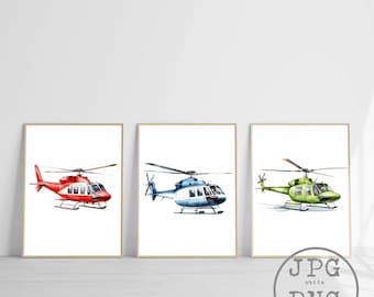 May include: Three framed prints featuring watercolor illustrations of helicopters. The helicopters are in red, blue, and green, each with detailed designs. The frames are a light wood color, and the background is white.