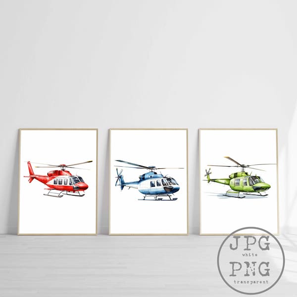Helicopter Print Watercolor Nursery Printable Kids Wall Art Child Room Decor PNG Sublimation Clipart Aviation Theme Party Digital Download