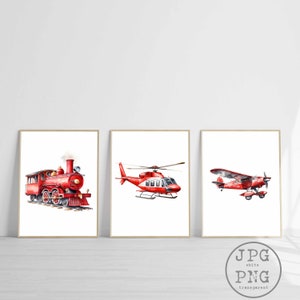 Red Vehicles Print Nursery Aircraft Helicopter Train Printable Kids Wall Art Toddler Room Decor Aviation Theme Digital Download Transport