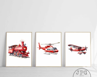 May include: Three watercolor illustrations of red transportation vehicles: a red steam train, a red helicopter, and a red airplane. The illustrations are framed and displayed on a white wall.