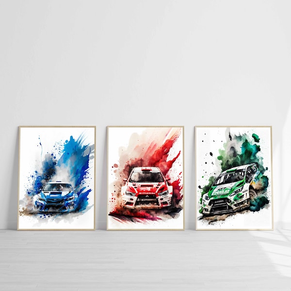 Affiche de voiture de rallye ensemble de 3 téléchargement instantané imprimable motorpsort art impression voiture de course impression aquarelle sports extrêmes voiture de course art mural