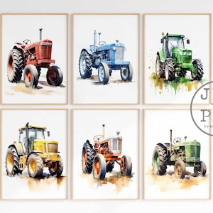 Tractor cartel set vehículo impresión acuarela regalo arte impresión vivero niños clipart coche JPG PNG imagen imprimible descarga digital