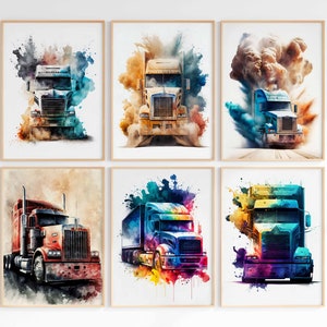 Truck Prints Watercolor Semi Truck Wall Art Printable Big Rig Poster Boys Room Wall Decor Gift Truck Driver Digital Download Set of 6