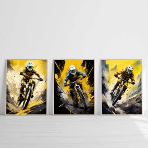 Mountain Bike Black Yellow Pop Art Prints Set of 3 Poster Digital Download MTB Bike Wall Art Sports Printable Downhill Sport Boys Room Decor