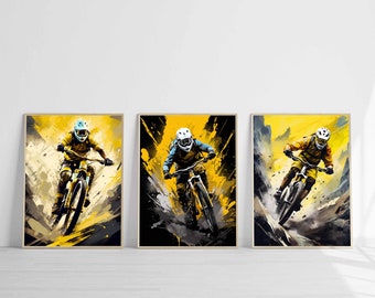 Mountain Bike Black Yellow Pop Art Prints Set of 3 Poster Digital Download MTB Bike Wall Art Sports Printable Downhill Sport Boys Room Decor