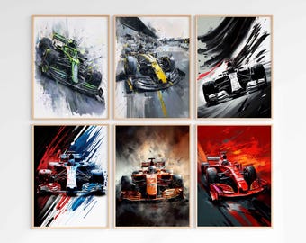Juego de 6 impresiones de Fórmula 1, póster de coche de F1, descarga digital, decoración de pared para habitación de niños y habitaciones de hombres, descarga digital de coche de carreras de deportes de motor