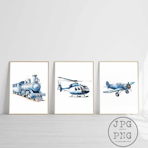 Blue Vehicles Print Nursery Aircraft Helicopter Train Printable Kids Wall Art Toddler Room Decor Aviation Theme Digital Download Transport