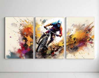 Mountain Bike Print Watercolor Bicycle Poster Downhill Mountain Bike Printable Triptych Wall Art Cycling Sports Artwork MTB Decoration