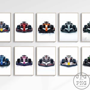 Póster de coche de Fórmula 1, conjunto de impresiones artísticas de coches de carreras de Gran Premio, arte de deportes de motor, imagen impresa, descarga digital, decoración de pared imprimible, F1 PNG