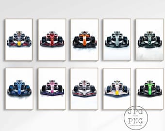 Formula 1 Car Wall Art Grand Prix Racing Gift for him Bundle Set of 10 Print Race Car Poster Motorsport Digital Download F1 Clipart PNG Art
