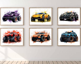 Monster Truck Print Set of 6 Sports Car Monster Truck Party Boy Wall Art Kid Room Decor Printable Transportation Monster Truck Birthday Gift