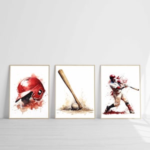 May include: Three watercolor paintings of baseball equipment. The first painting shows a red baseball helmet with white accents. The second painting shows a wooden baseball bat with a brown baseball. The third painting shows a baseball player in a red and white uniform swinging a bat.