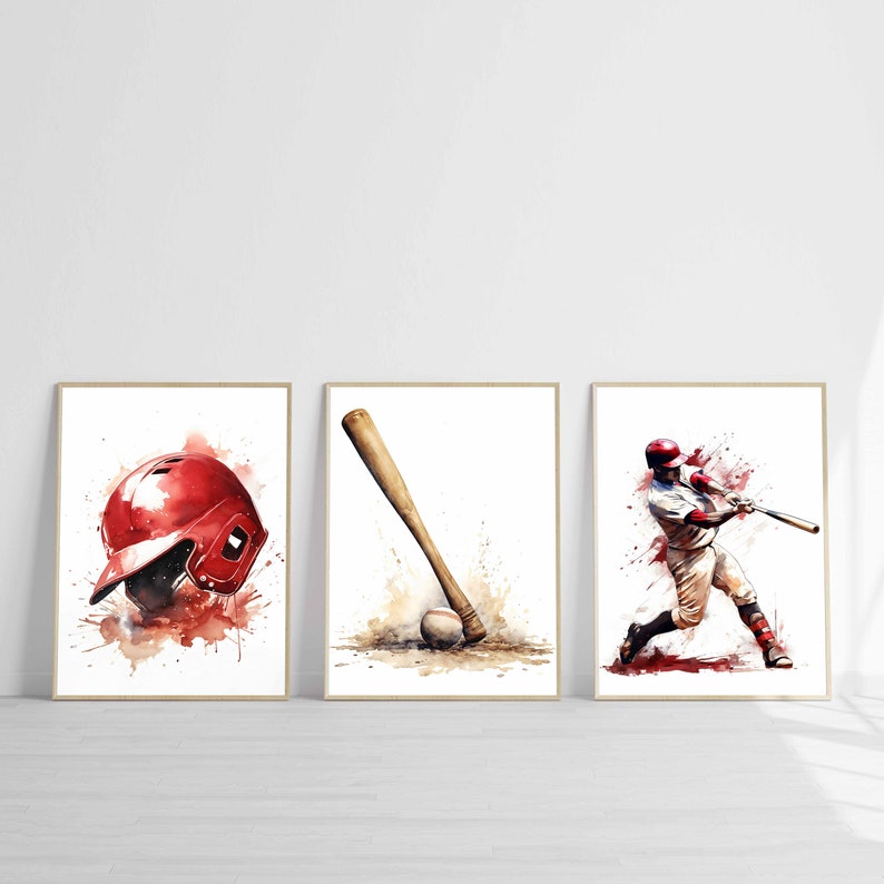 May include: Three watercolor paintings of baseball equipment. The first painting shows a red baseball helmet with white accents. The second painting shows a wooden baseball bat with a brown baseball. The third painting shows a baseball player in a red and white uniform swinging a bat.