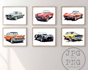 Classic Car Prints Vintage Car Printable Artwork 6 Muscle Car Bundle Wall Art Teen Boy Room Decor Vehicle Transportation Poster PNG Clipart