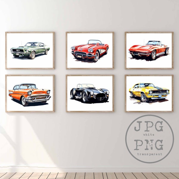 Classic Car Prints Vintage Car Printable Artwork 6 Muscle Car Bundle Wall Art Teen Boy Room Decor Vehicle Transportation Poster PNG Clipart