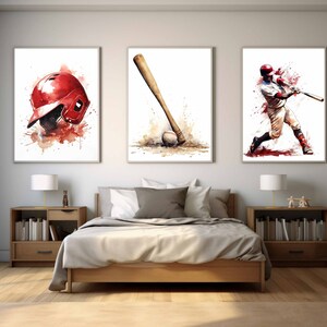 May include: Three watercolor paintings depicting baseball equipment and a baseball player. The first painting shows a red baseball helmet. The second painting shows a wooden baseball bat and a baseball. The third painting shows a baseball player in a red and white uniform swinging a bat.