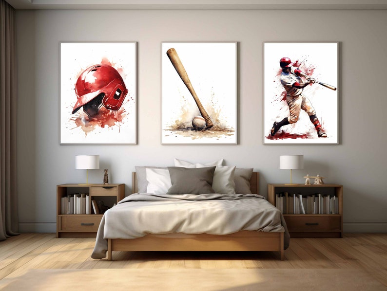 May include: Three watercolor paintings depicting baseball equipment and a baseball player. The first painting shows a red baseball helmet. The second painting shows a wooden baseball bat and a baseball. The third painting shows a baseball player in a red and white uniform swinging a bat.