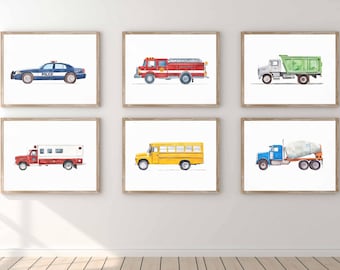 Vehicle Prints Vehicle Gallery Wall Boys Room Decor Trucks Watercolor Kid Room Art Fire Truck Police Nursery Digital Download Toddler Gift