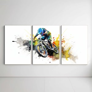 Mountain Bike Print Watercolor Bicycle Poster Downhill Mountain Bike Printable Triptych Wall Art Cycling Sports Artwork MTB Decoration