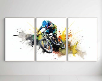 Mountain Bike Print Watercolor Bicycle Poster Downhill Mountain Bike Printable Triptych Wall Art Cycling Sports Artwork MTB Decoration