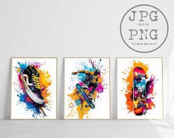 Set di 3 poster di skateboard, stampe artistiche di skateboard, immagini di graffiti, download digitale, decorazione da parete per la stanza dei ragazzi, regalo per skater, PNG
