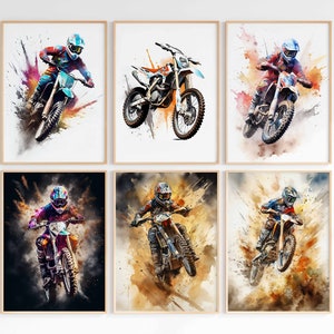 Motocross Prints Set of 6 Watercolor Impressionism Dirt Bike Printable Motorsports Poster Motorcycle Digital Painting Motorbike Wall Art