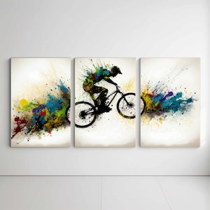 Mountain Bike Wall Art Watercolor Bicycle Print Downhill Mountain Bike Poster Gift Instant Download Sports Artwork MTB Decoration triptych
