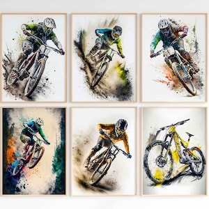 Set di 6 poster di mountain bike, stampe artistiche di biciclette, stampe ad acquerello, MTB, sport, decorazioni da parete, download digitale, sport estremi
