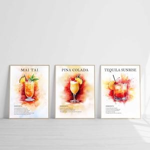 Póster de cóctel, tequila, amanecer, piña colada, Mai Tai, cóctel, arte de pared imprimible, bebidas, decoración de comedor, arte de cocina, impresión, descarga