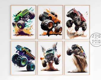 May include: Six digital illustrations of monster trucks in various colors, including green, orange, red, and blue, with watercolor-style splashes of color in the background.