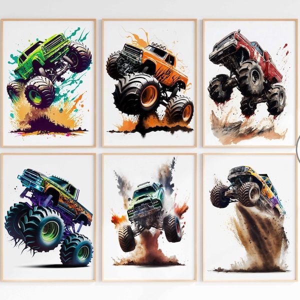 Monster Truck Poster Set Monster Truck Aquarell Kunstdruck Jungen Zimmer Dekoration Wandschmuck Digitaler Download ausdruckbar PNG Clipart