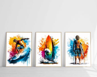 Surfer Boy Print Set of 3 Surf Wall Art Digital Download Ocean Beach Decor Boys Bedroom Surfboard Poster Coastal Printable Art Teen Room