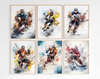 Ice Hockey Print Watercolor Printable Wall Art Sports Art Prints Big Boy Room Decor Digital Print Hockey Picture Bundle Instant Download