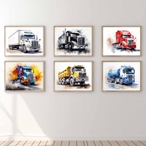 Semi Truck Prints Watercolor Truck Wall Art Printable Vehicle Boy Toddler Room Decor Truck Theme Party Digital Download Kid Child Print
