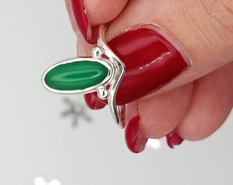 Handmade Sterling Silver Open & Adjustable Ring: Oval Green Agate Natural Gemstone