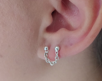 Minimalist Sterling Silver Double Stud Earring with Chain